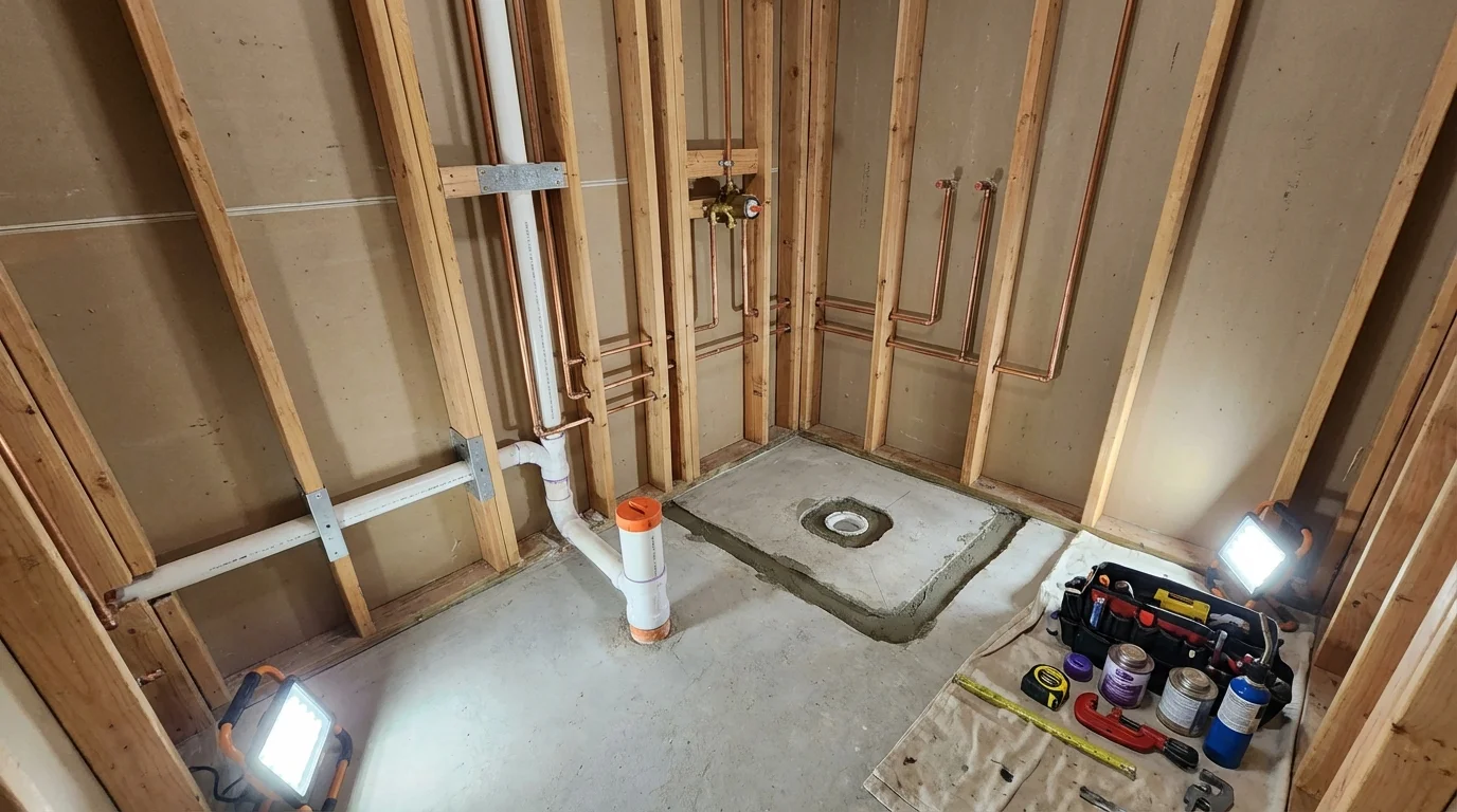 Bathroom rough-in plumbing during remodel by Johns Plumbing LLC in Washington Court House