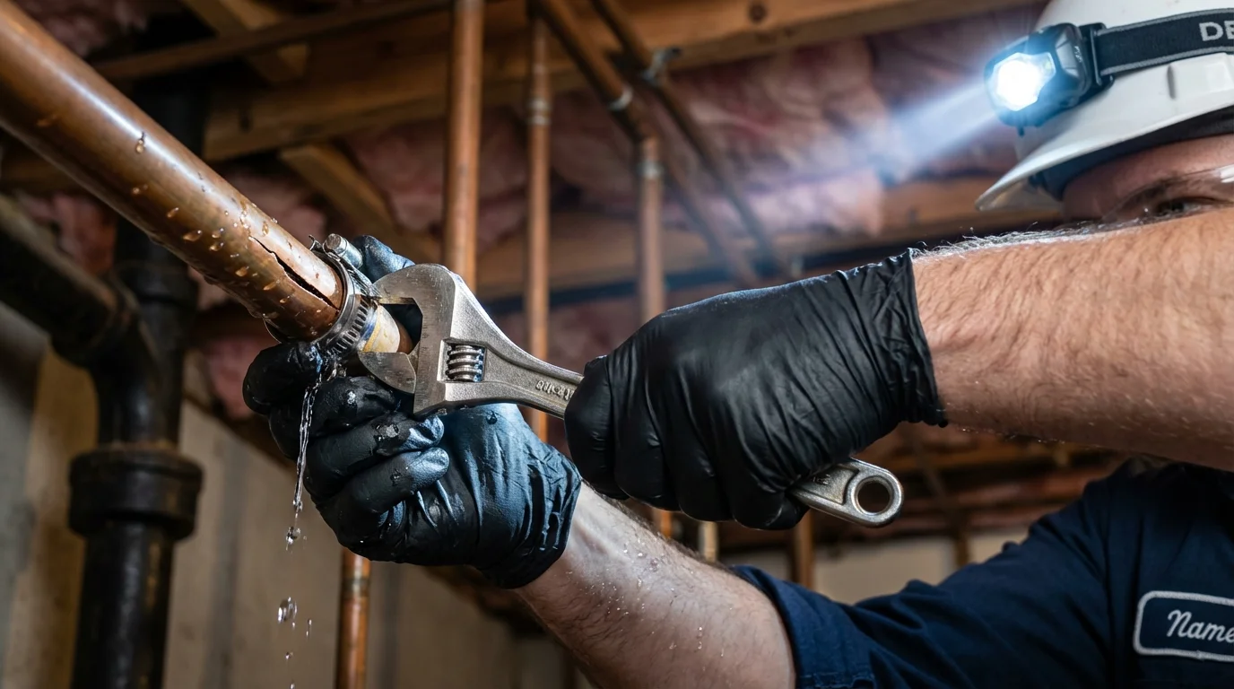 Emergency pipe clamp repair being performed by a Johns Plumbing LLC plumber in Washington Court House
