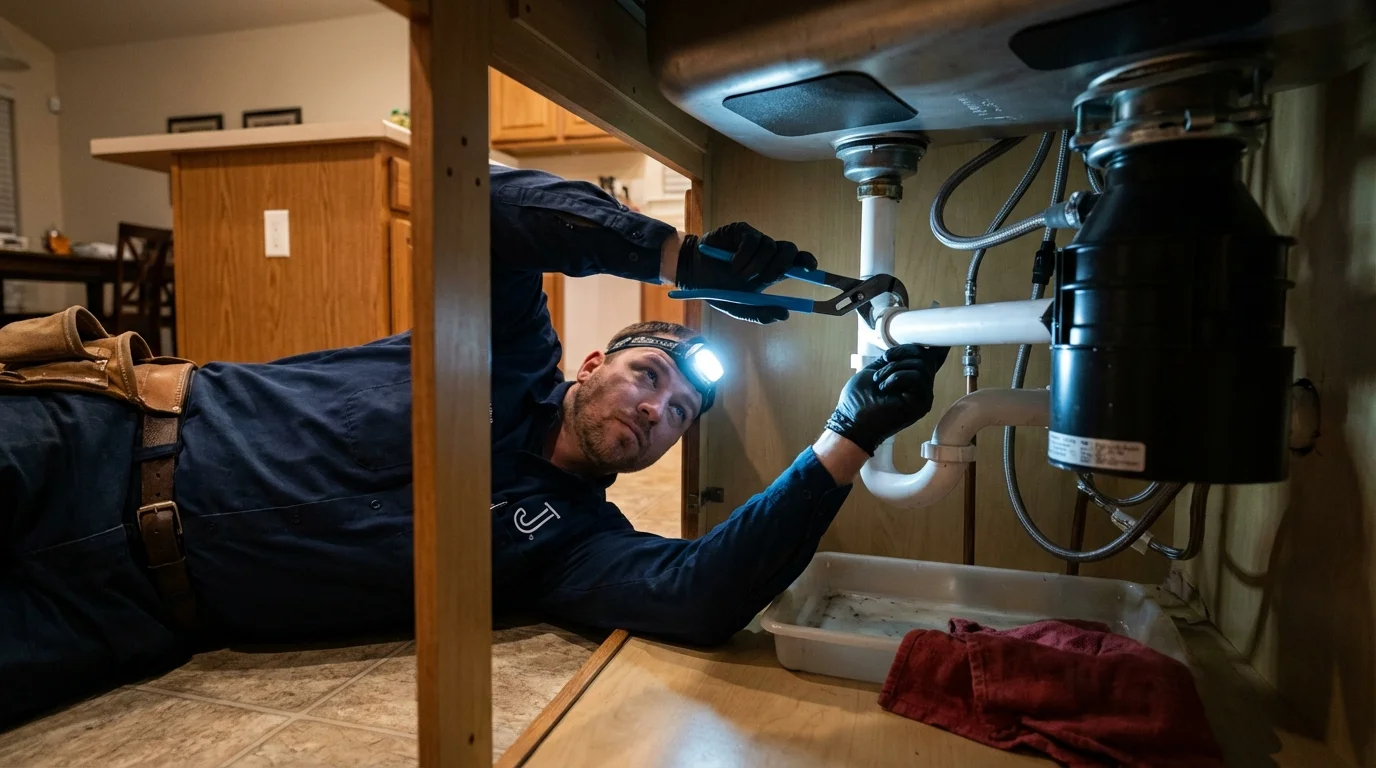 P-trap and supply line connections under a kitchen sink showing a common leak point in Washington Court House, OH